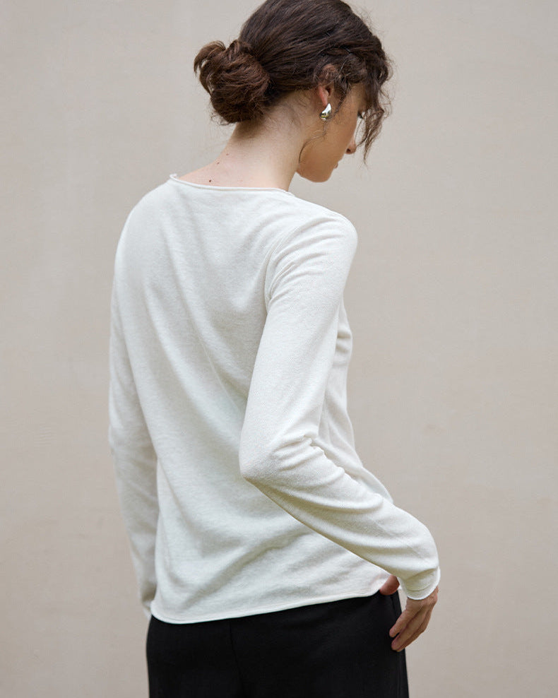 U-Neck Rolled-Up Long-Sleeved Knit Top