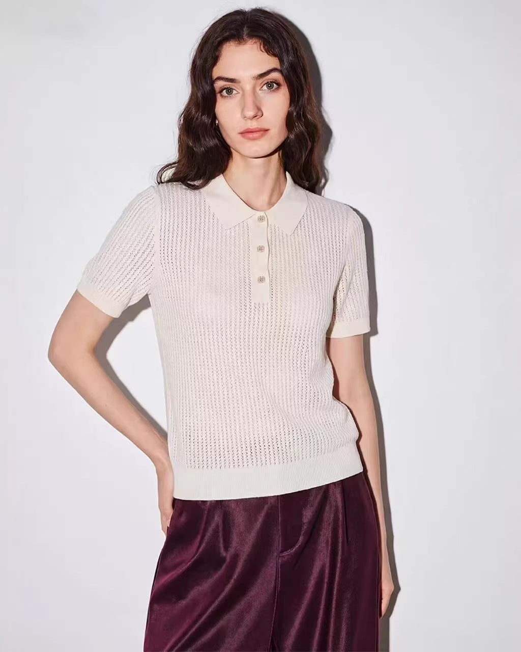 Wool Openwork Polo Collar Short-Sleeved Sweater