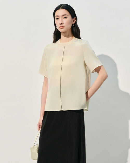 Crew Neck Loose-Fit Pleated T-Shirt