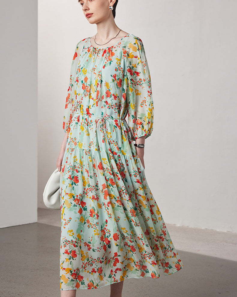 Women's summer mulberry silk two-piece dress featuring a micro-transparent floral print and seven-quarter length sleeves for a breezy layered look.