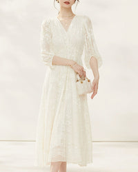 Silk-Embroidered Three-Quarter Sleeve Dress