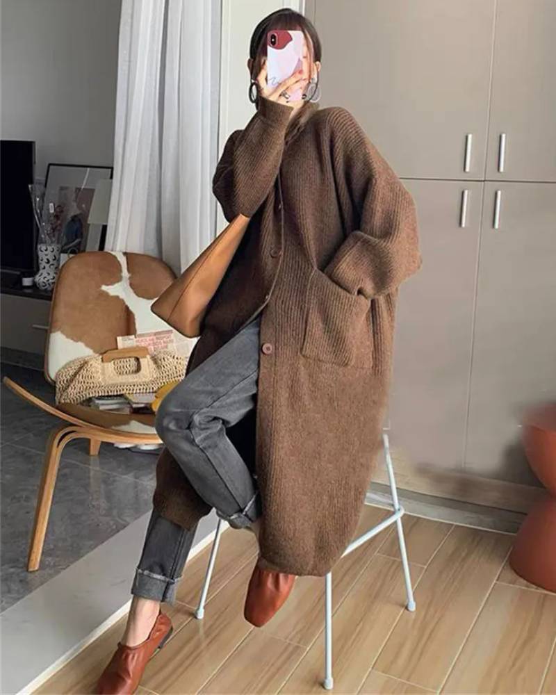 Oversized cotton-blend high-neck cardigan, longline cut, side patch pockets, open-front, heather taupe—cozy layer for crisp fall weekends or WFH comfort.