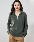 Cashmere half-zip jumper, stand collar, ribbed trims, relaxed fit, storm-gray—breathable winter luxury for him or her.