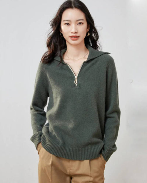 Cashmere half-zip jumper, stand collar, ribbed trims, relaxed fit, storm-gray—breathable winter luxury for him or her.