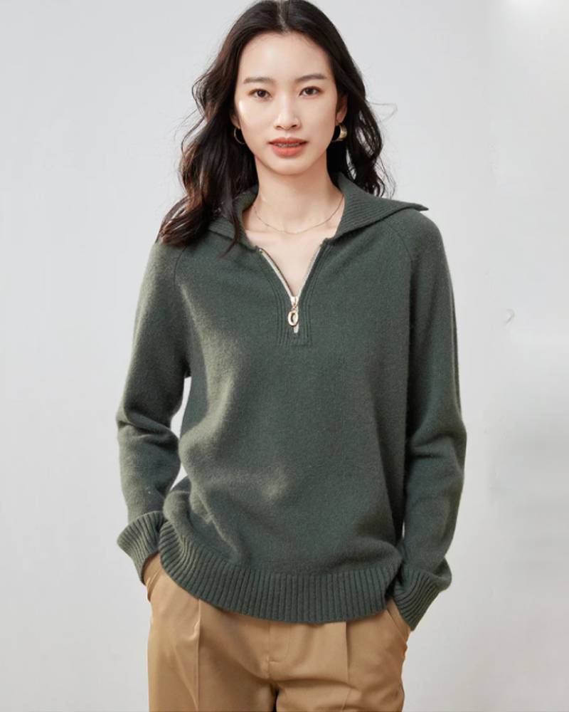 Cashmere half-zip jumper, stand collar, ribbed trims, relaxed fit, storm-gray—breathable winter luxury for him or her.