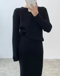 Ribbed Knited Round-Neck Sweater & Midi Skirt Set
