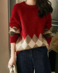 Round Neck Patchwork Pullover Sweater