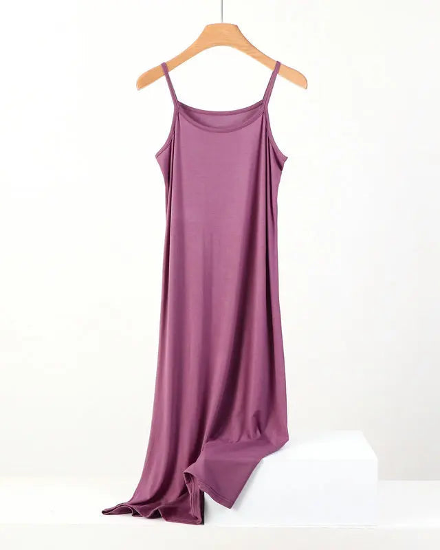 Plus size cotton, modal & elastane knit spaghetti-strap sleep dress. Soft, breathable & gently stretchy mid-calf fit for summer, sizes XL–8XL.