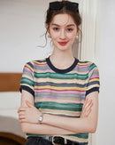 Round Neck Colorful Striped Knit T-Shirt