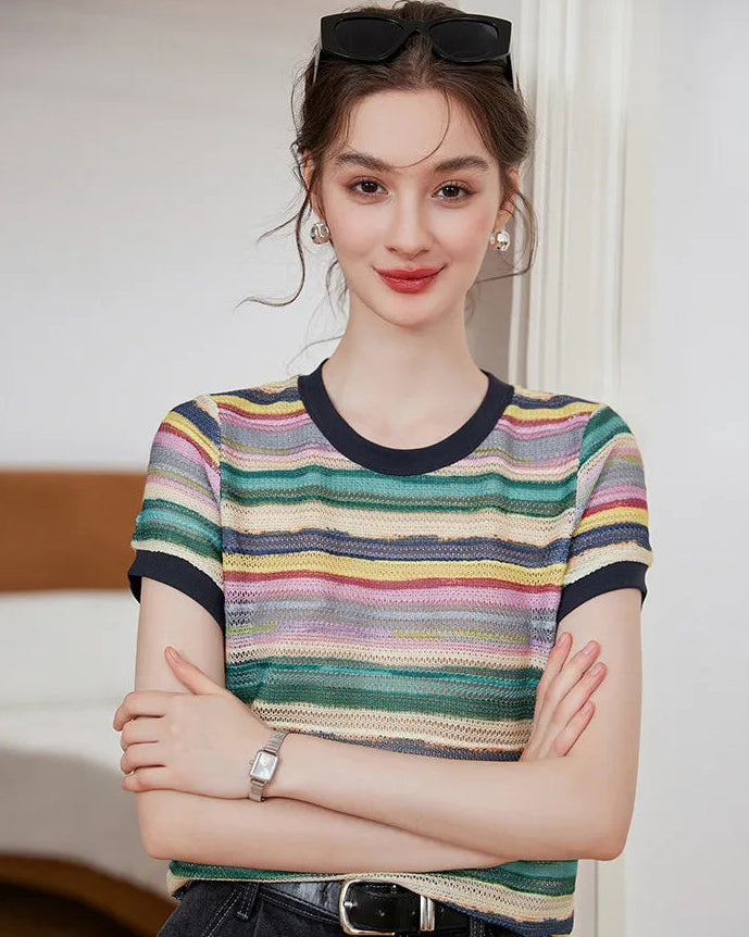 Round Neck Colorful Striped Knit T-Shirt
