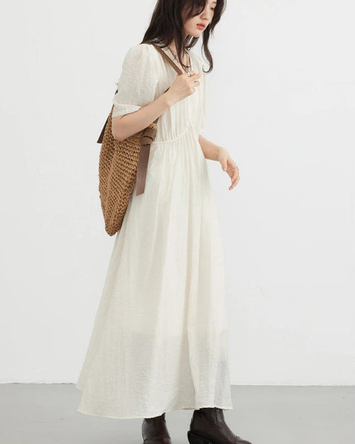 Retro V-Neck Puff Sleeve Loose Dress