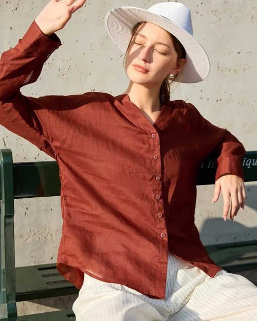 Ramie V-Neck Button-Down Shirt