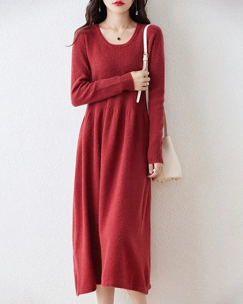 Round Neck Long Sleeves 100% Wool Knitted Dress