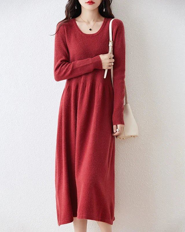 Round Neck Long Sleeves 100% Wool Knitted Dress
