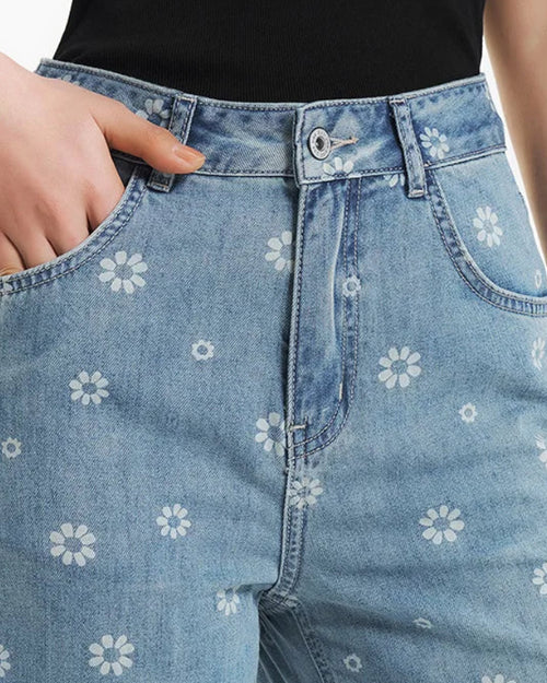 Floral Cotton Wide-Leg Denim Trousers