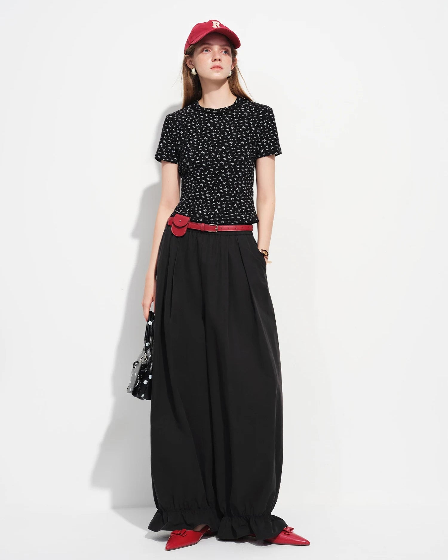 Elastic-Waist Wide-Leg Flared Trousers