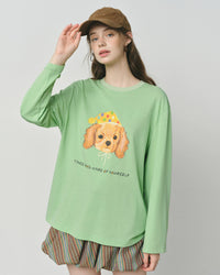 Puppy Letter Print Loose Long-Sleeve T-Shirt