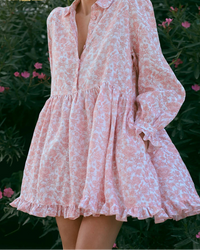 Print Lapel Long-Sleeve Pleated Mini Dress