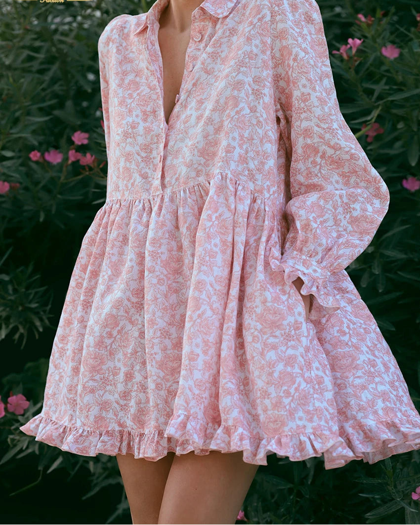 Print Lapel Long-Sleeve Pleated Mini Dress