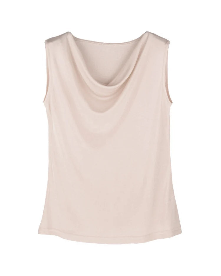 Silk-Viscose Draped Collar Sleeveless Tank Top