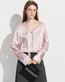 Elegant V-Neck Satin Long-Sleeve Shirt
