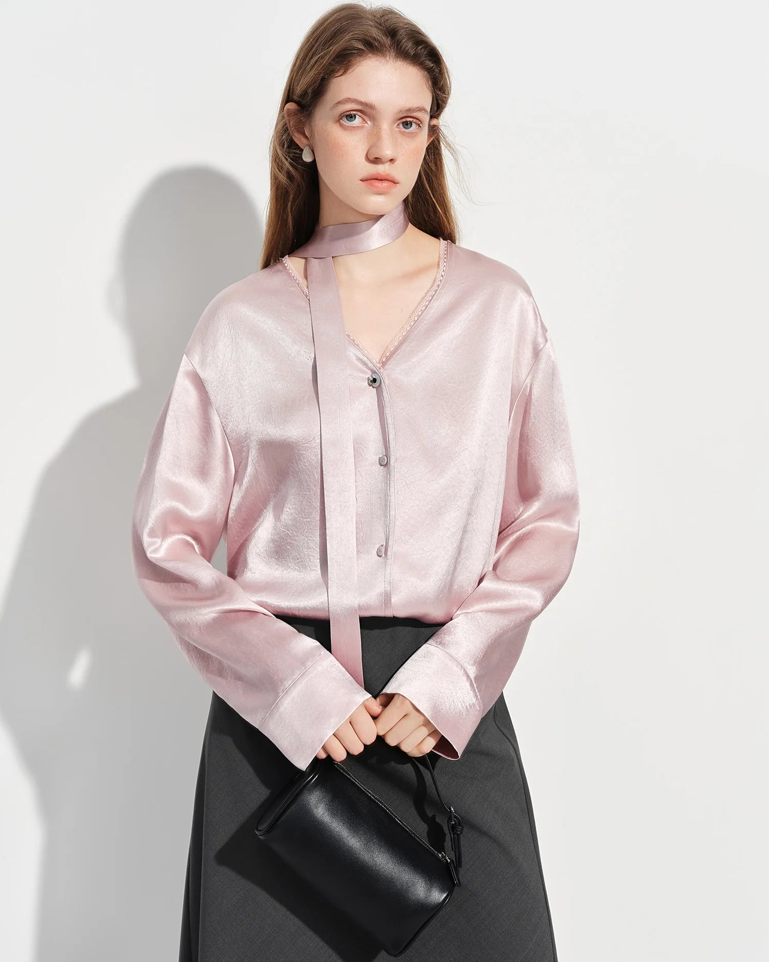 Elegant V-Neck Satin Long-Sleeve Shirt