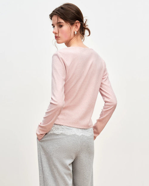 Lace-Trimmed V-Neck Knit Sweater