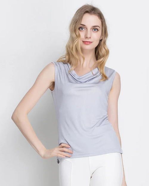 Silk-Viscose Draped Collar Sleeveless Tank Top