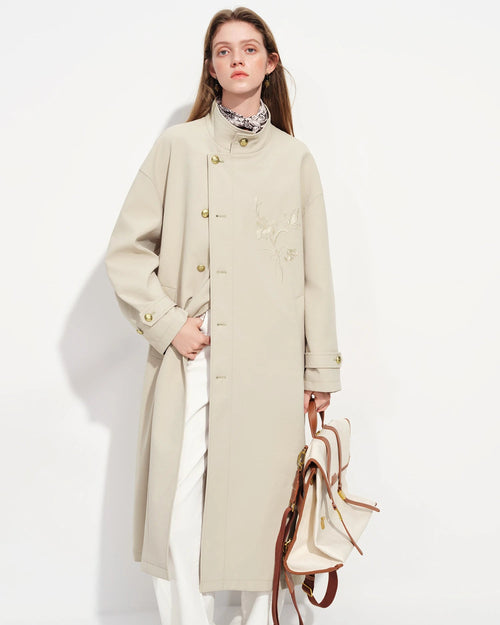 Embroidered Stand-Collar Long Trench Coat