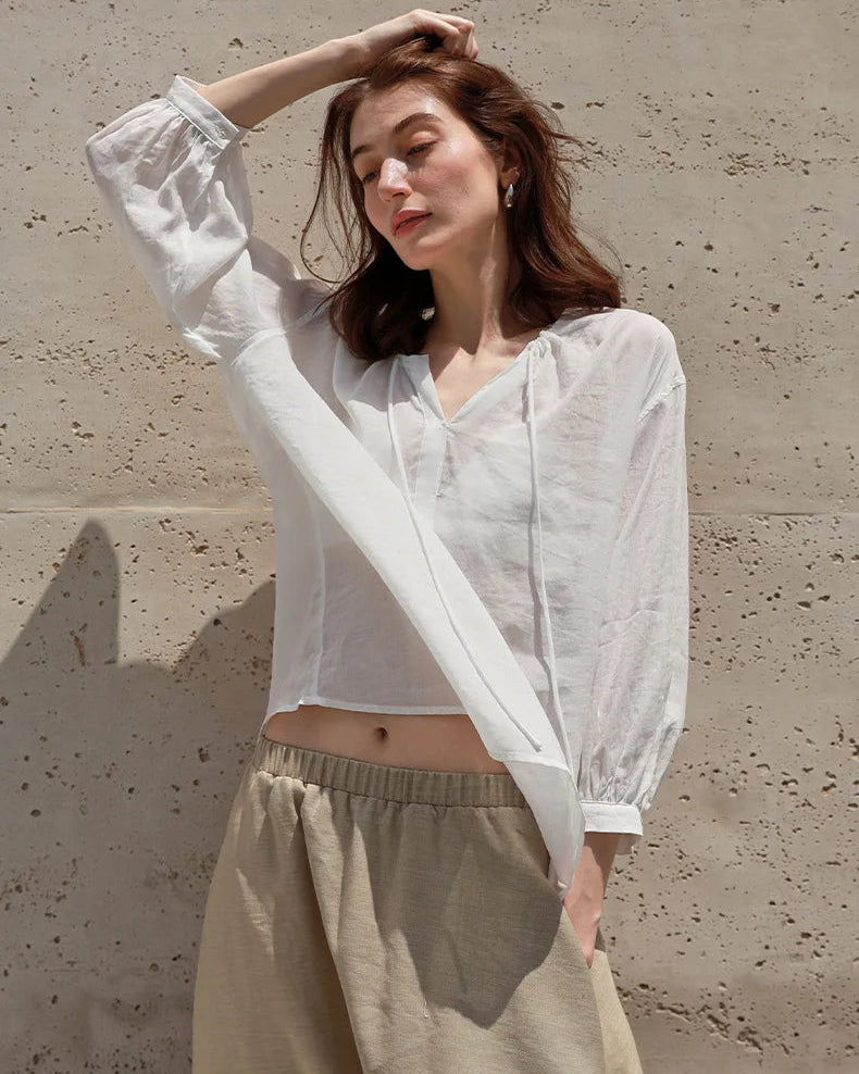 Ramie Lyocell V-Neck Drawstring Blouse