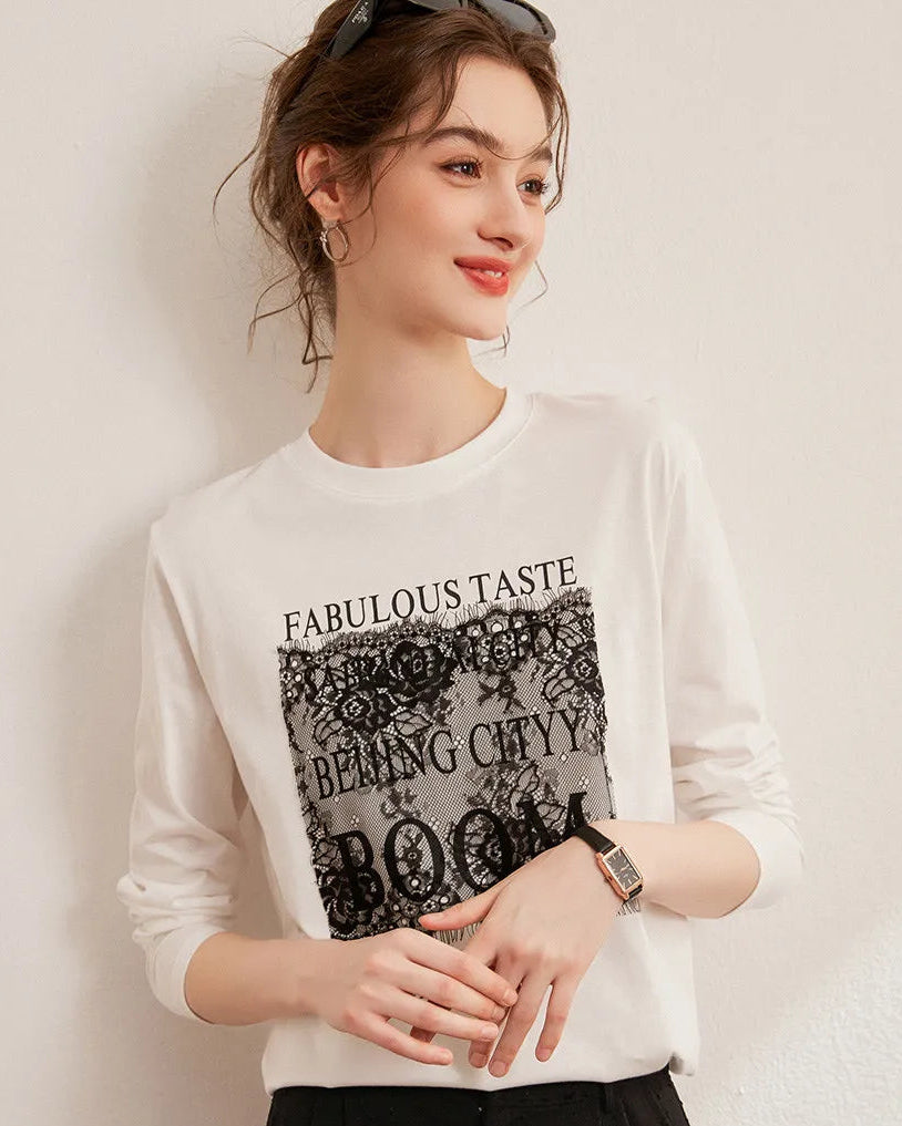 Letter Lace Patchwork Round Neck T-Shirt
