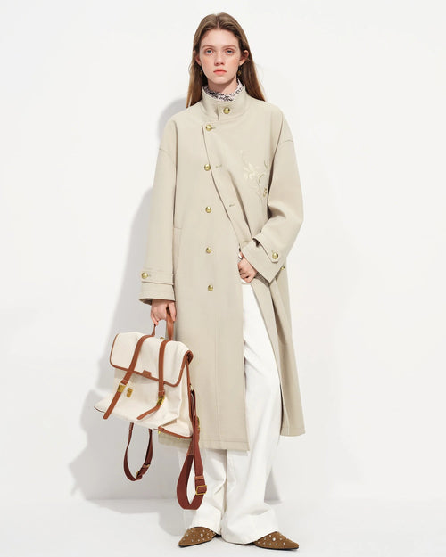 Embroidered Stand-Collar Long Trench Coat