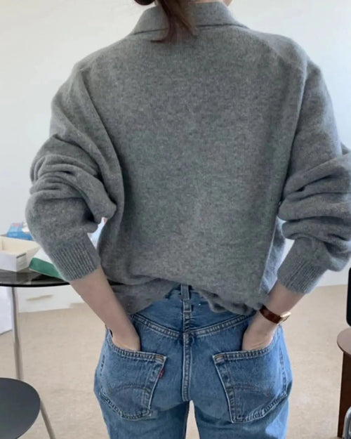 Polo Collar Gray Wool Sweater