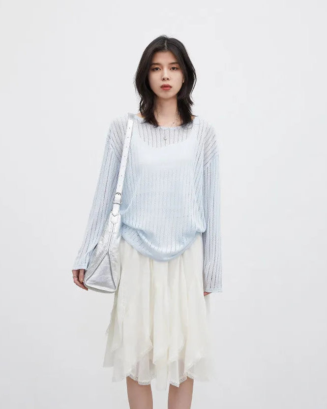 Hollow-Out Slant Shoulder Knit Top