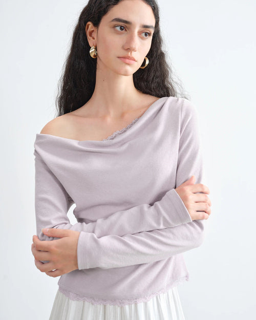 Lace-Trimmed Asymmetrical Neckline Knit T-Shirt