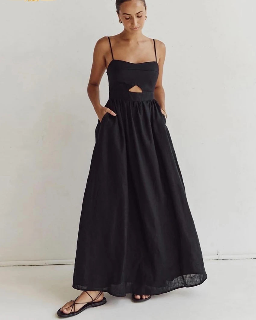 Cotton Slash-Neck Hollow-Out Sleeveless Maxi Dress