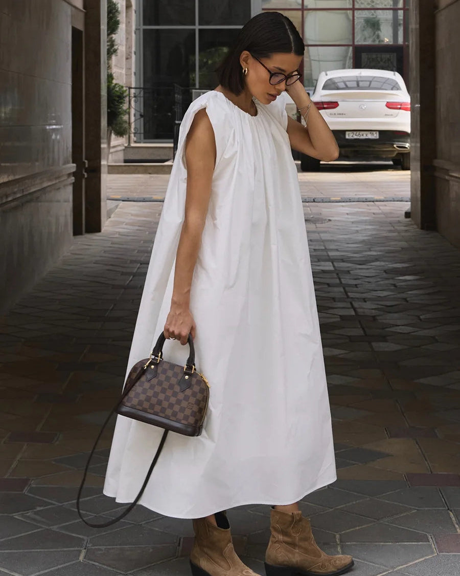 Sleeveless Pleated Cotton Maxi Dress