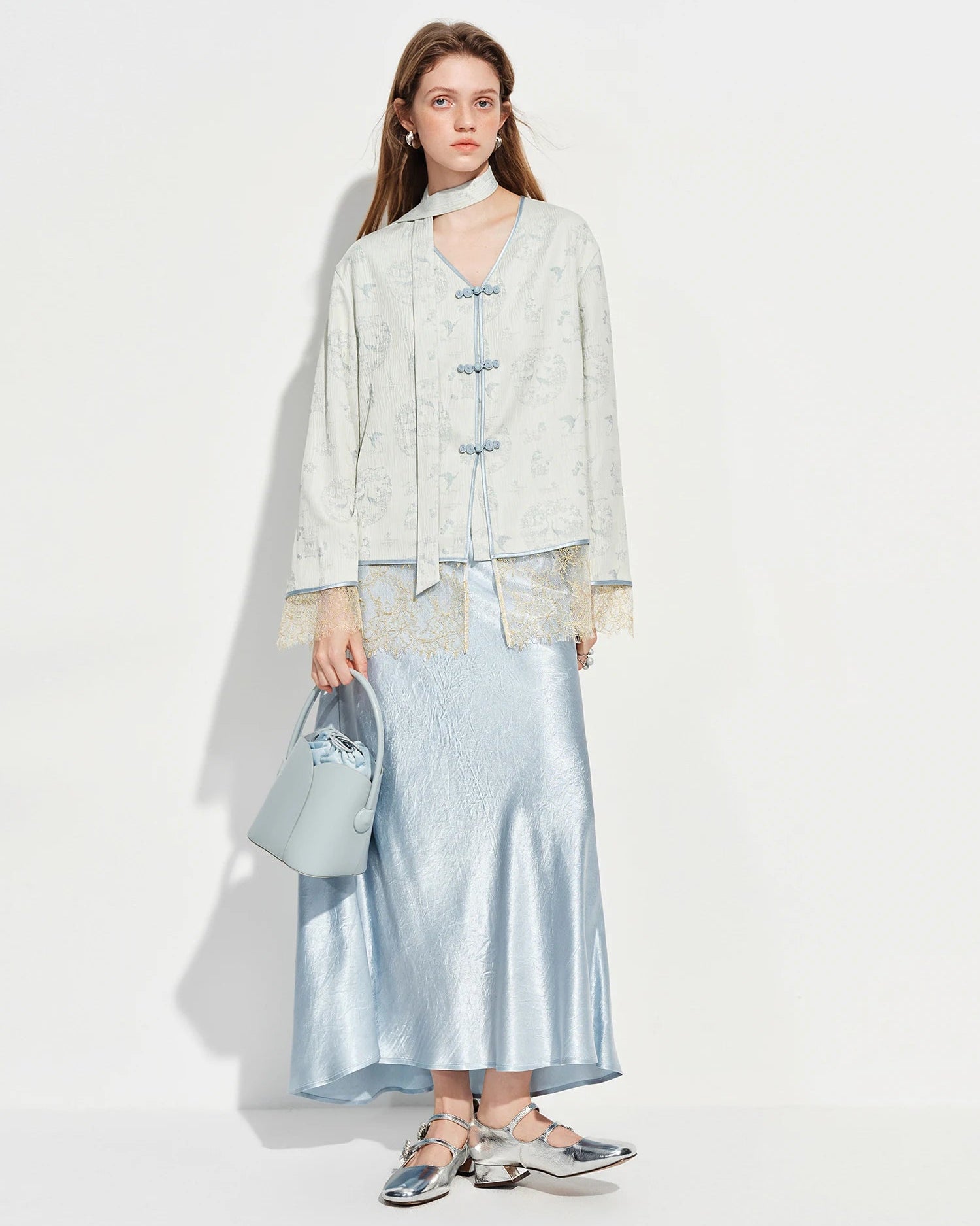 V-Neck Button-Down Lace-Trimmed Shirt