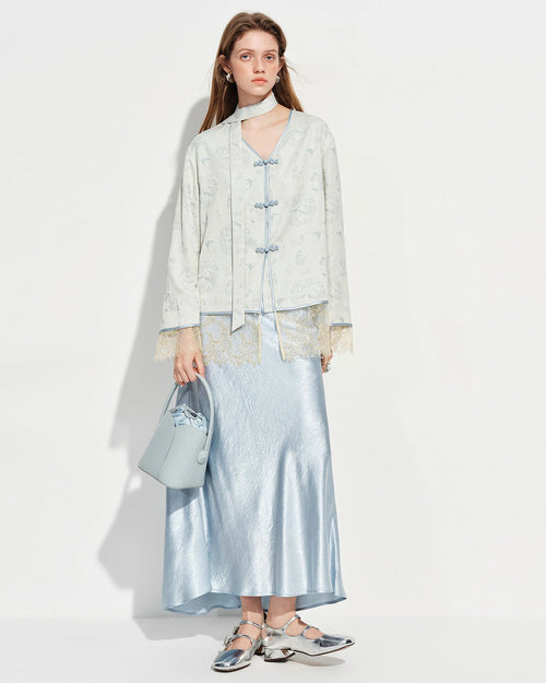 V-Neck Button-Down Lace-Trimmed Shirt