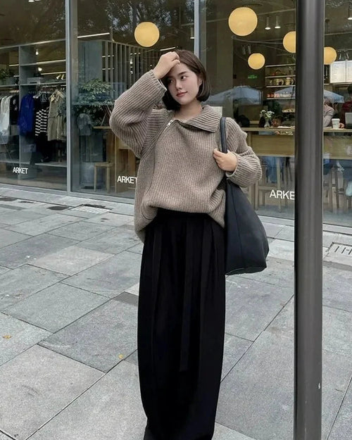 Oversized Irregular Zipper High Neck Cashmere Sweater