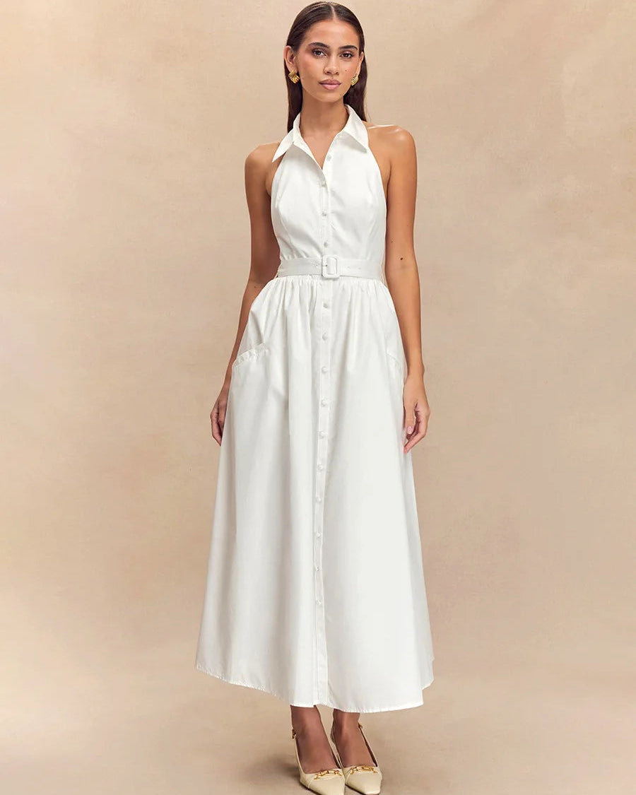 Sleeveless Turn-Down Collar Belted Maxi Dress