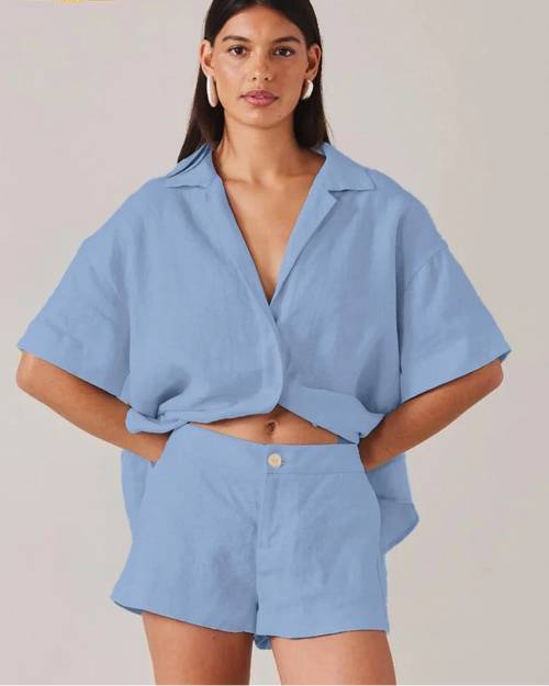 Cotton Half-Sleeve Shirt & High-Waist Shorts Set