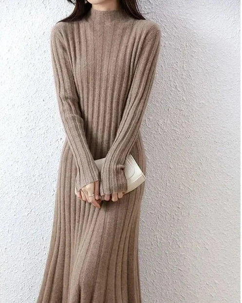 Ribbed Knitted 100% Wool Sweater Dress