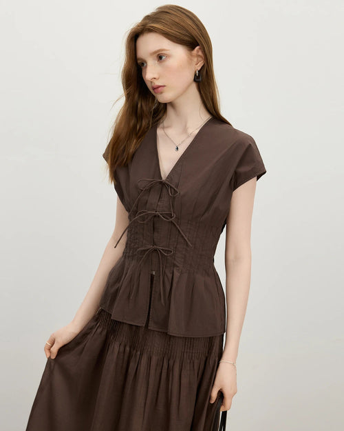 Women's V-Neck Short Sleeve Cotton Casual Blouse