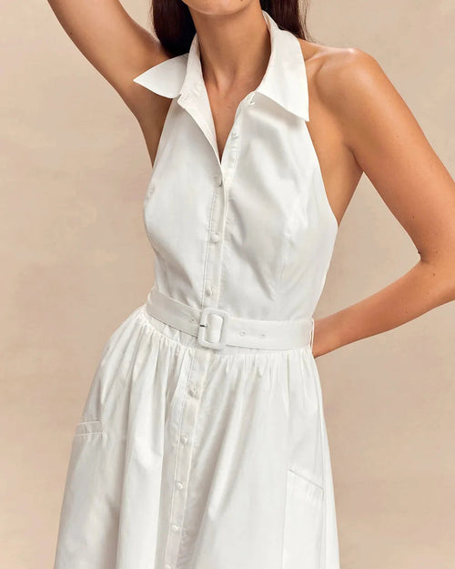 Sleeveless Turn-Down Collar Belted Maxi Dress
