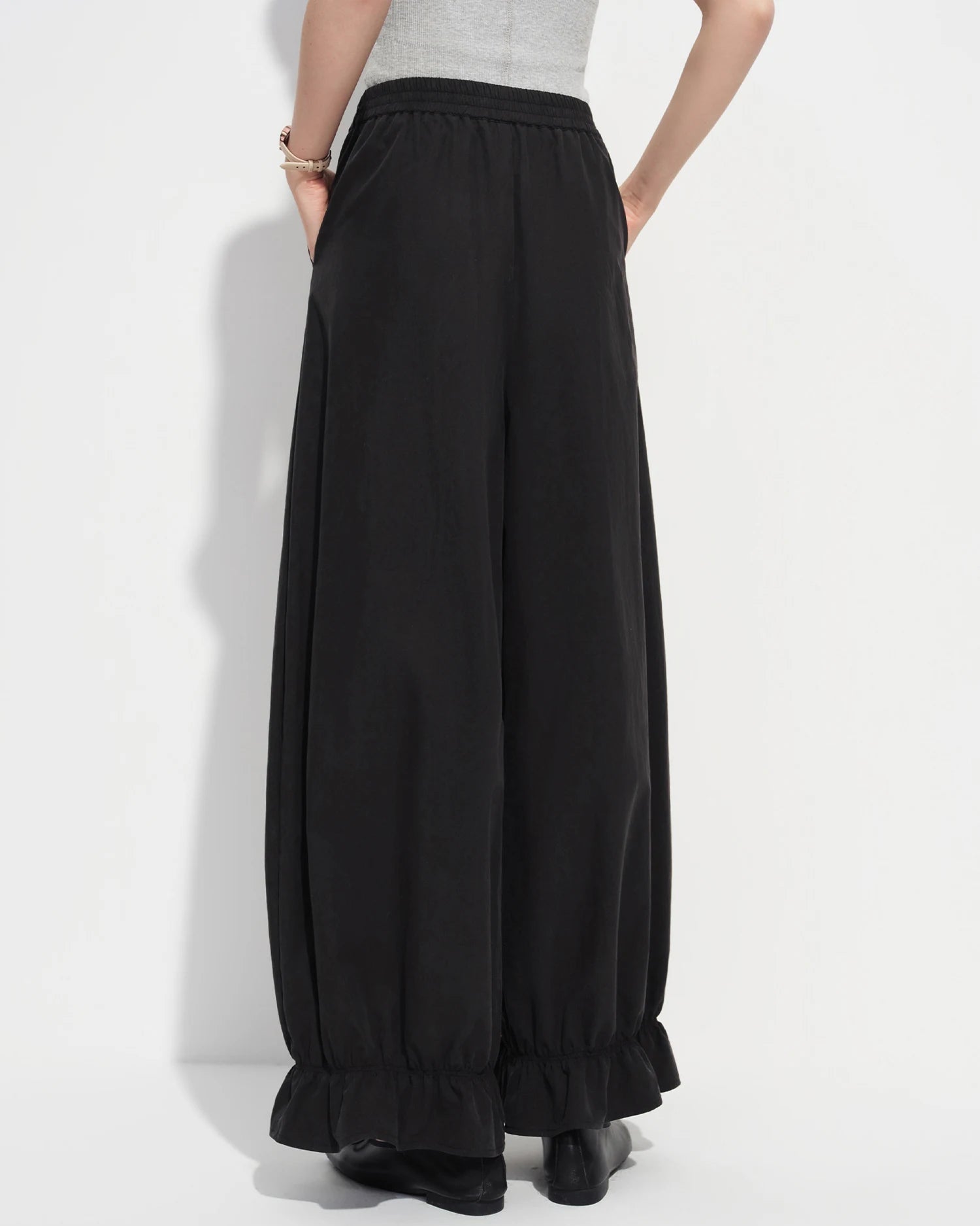 Elastic-Waist Wide-Leg Flared Trousers