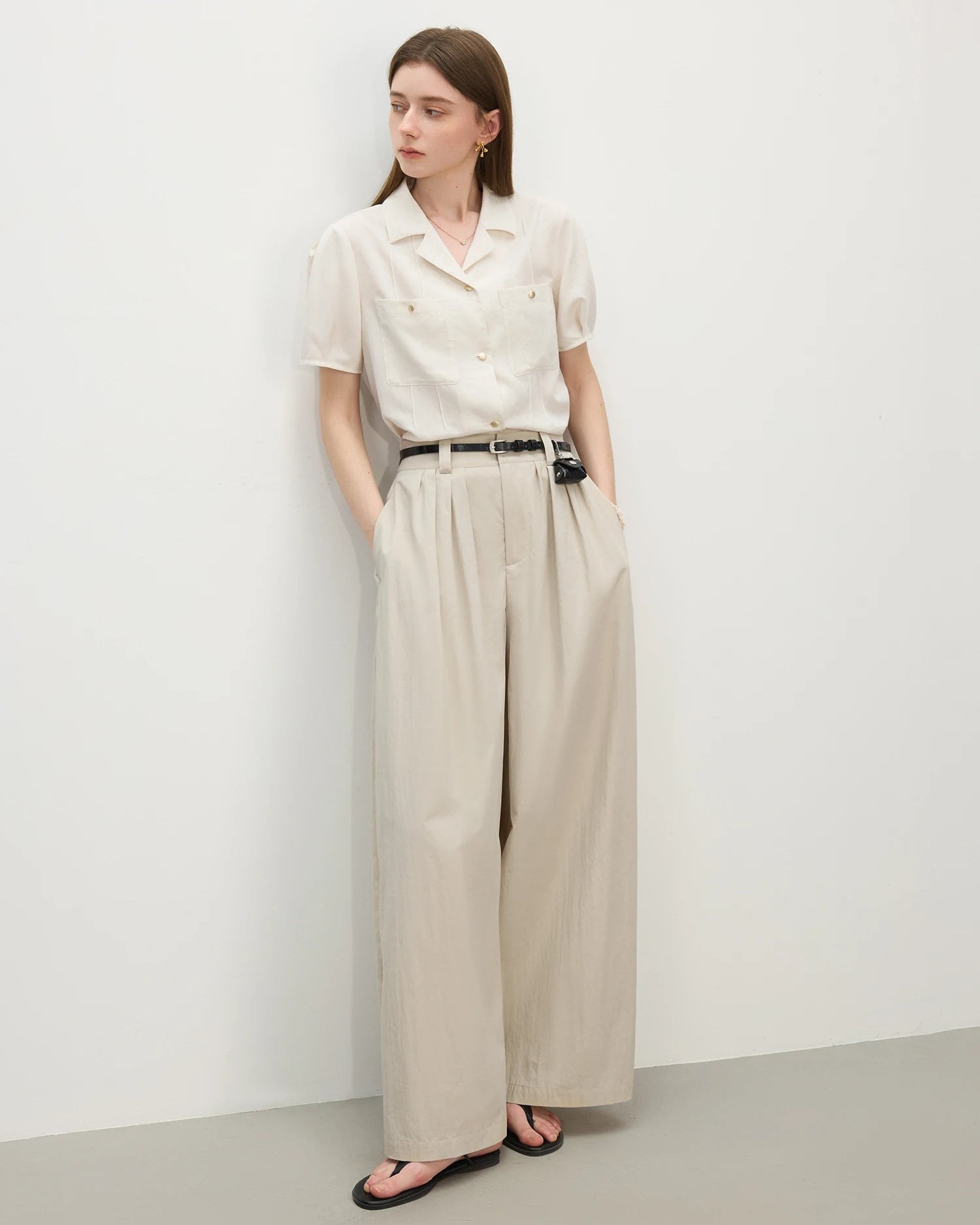 Women's Linen Blend Polo-Neck Short Sleeve Casual Shirt