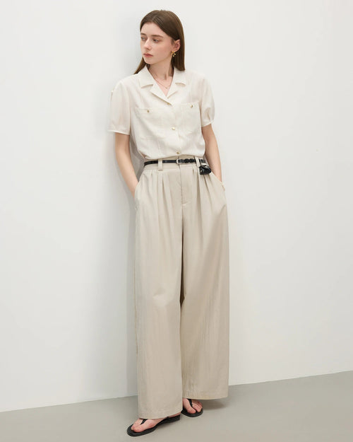 Women's Linen Blend Polo-Neck Short Sleeve Casual Shirt