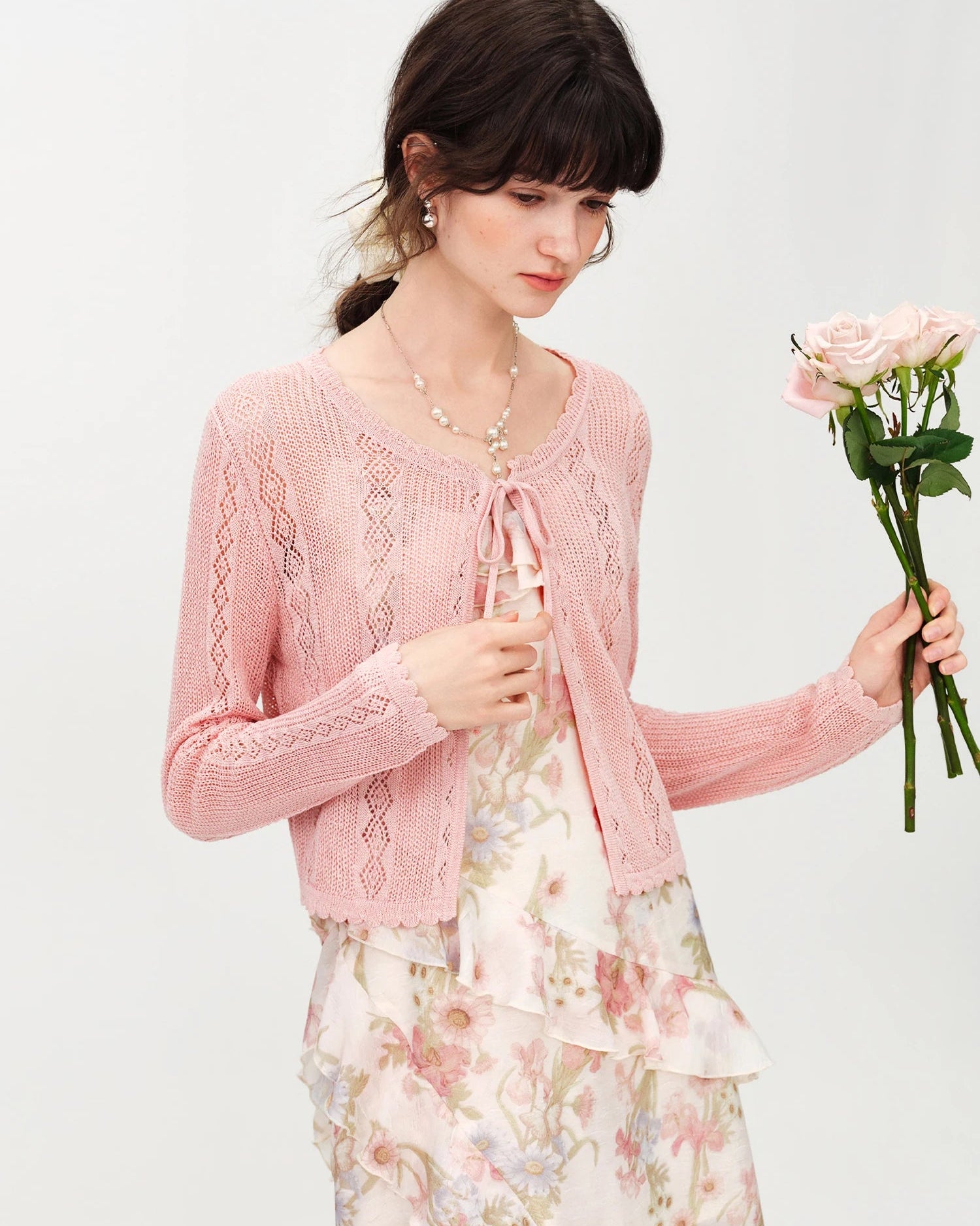 Linen Blend Open-Knit Lace-Up Cardigan