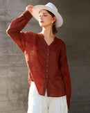 Ramie V-Neck Button-Down Shirt